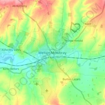 Mapa topográfico Melton Mowbray, altitude, relevo