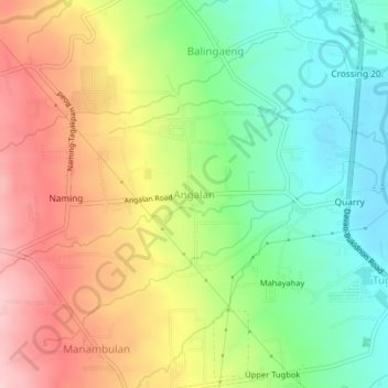 Mapa topográfico Angalan, altitude, relevo