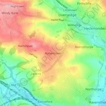 Mapa topográfico Roberttown, altitude, relevo