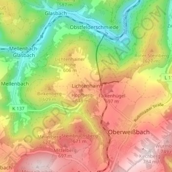 Mapa topográfico Lichtenhain, altitude, relevo