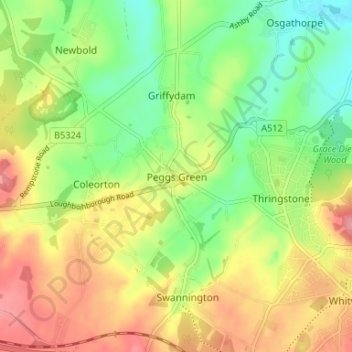 Mapa topográfico Peggs Green, altitude, relevo
