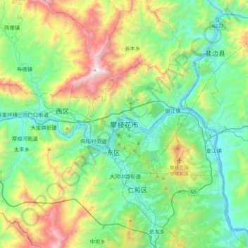 Mapa topográfico 攀枝花市, altitude, relevo