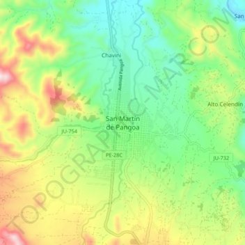 Mapa topográfico San Martín de Pangoa, altitude, relevo
