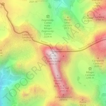 Mapa topográfico Croda dei Toni, altitude, relevo
