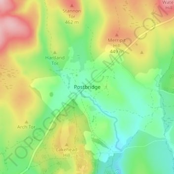 Mapa topográfico Postbridge, altitude, relevo