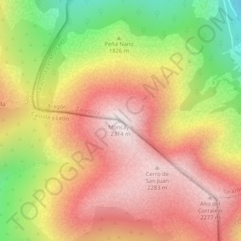Mapa topográfico Moncayo, altitude, relevo
