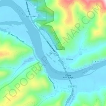 Mapa topográfico Klamath, altitude, relevo
