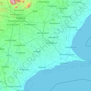 Mapa topográfico Ramnathapuram, altitude, relevo