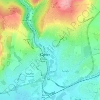 Mapa topográfico Lydney Hub, altitude, relevo