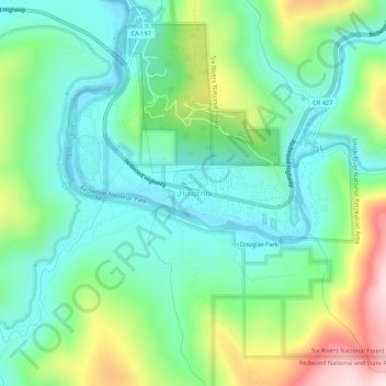 Mapa topográfico Hiouchi, altitude, relevo