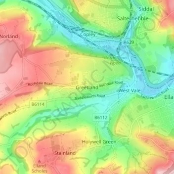 Mapa topográfico Greetland, altitude, relevo