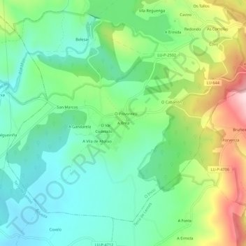 Mapa topográfico A Brea, altitude, relevo