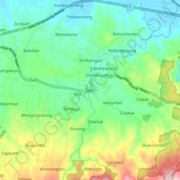 Mapa topográfico Tulis, altitude, relevo