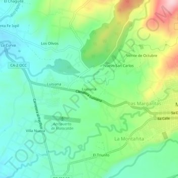 Mapa topográfico Luisiana, altitude, relevo