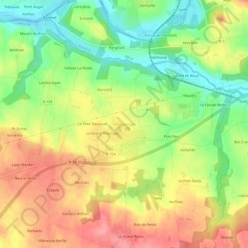 Mapa topográfico Kergonan, altitude, relevo
