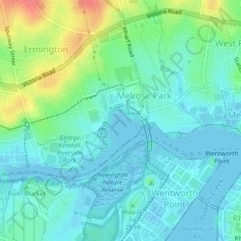 Mapa topográfico Ermington Bay, altitude, relevo
