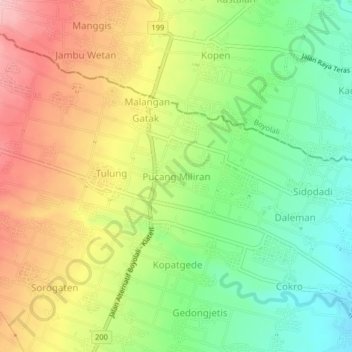 Mapa topográfico Pucang Miliran, altitude, relevo