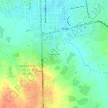 Mapa topográfico Yanacones, altitude, relevo