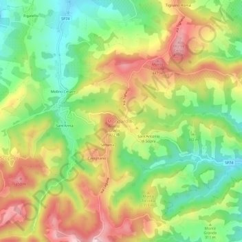 Mapa topográfico Mongardino, altitude, relevo