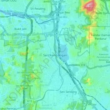 Mapa topográfico Seri Kembangan, altitude, relevo