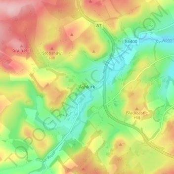 Mapa topográfico Ashkirk, altitude, relevo