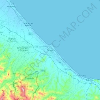 Mapa topográfico Rimini, altitude, relevo