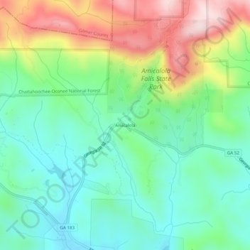 Mapa topográfico Amicalola, altitude, relevo