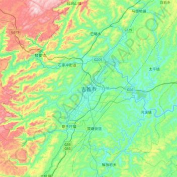 Mapa topográfico Jishou, altitude, relevo