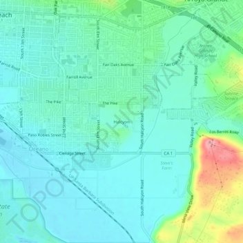 Mapa topográfico Halcyon, altitude, relevo