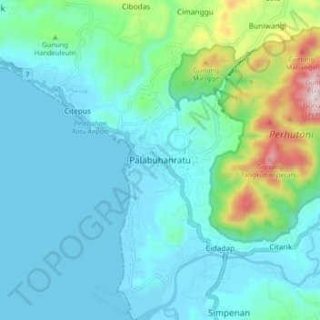 Mapa topográfico Palabuhanratu, altitude, relevo