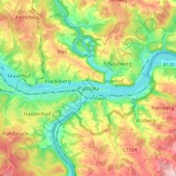 Mapa topográfico Passau, altitude, relevo