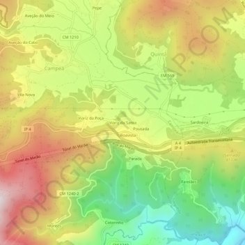 Mapa topográfico Viariz da Santa, altitude, relevo