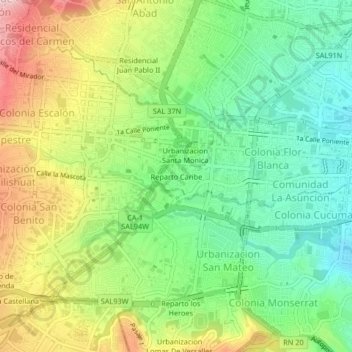 Mapa topográfico Reparto Caribe, altitude, relevo