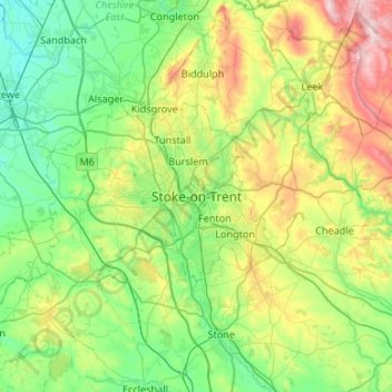 Mapa topográfico Stoke-on-Trent, altitude, relevo