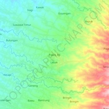 Mapa topográfico Pakis Aji, altitude, relevo