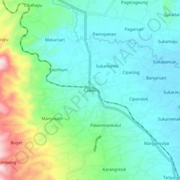 Mapa topográfico Ciawi, altitude, relevo