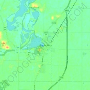 Mapa topográfico Nagambie, altitude, relevo