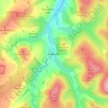 Mapa topográfico Hownam, altitude, relevo