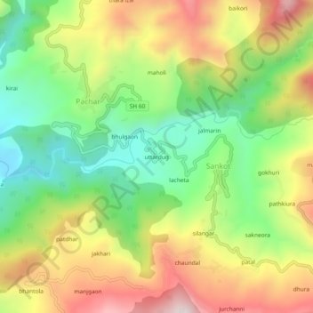 Mapa topográfico uttardug, altitude, relevo