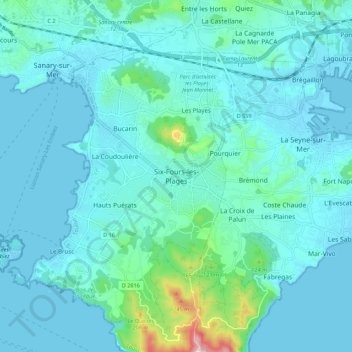 Mapa topográfico Six-Fours-les-Plages, altitude, relevo