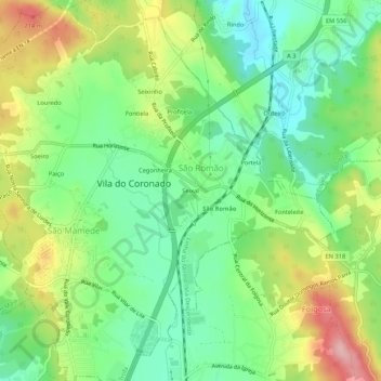 Mapa topográfico Seixal, altitude, relevo