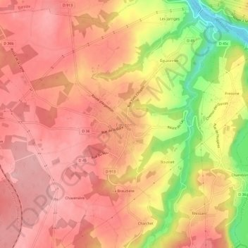 Mapa topográfico Éguzon, altitude, relevo