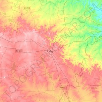 Mapa topográfico Udgir, altitude, relevo