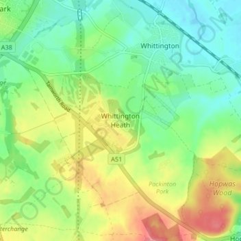 Mapa topográfico Whittington Heath, altitude, relevo