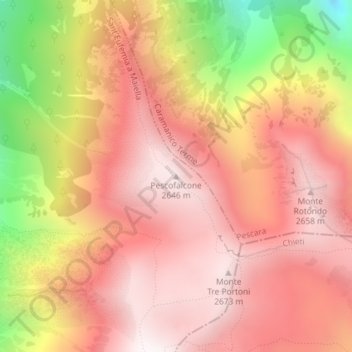Mapa topográfico Pescofalcone, altitude, relevo