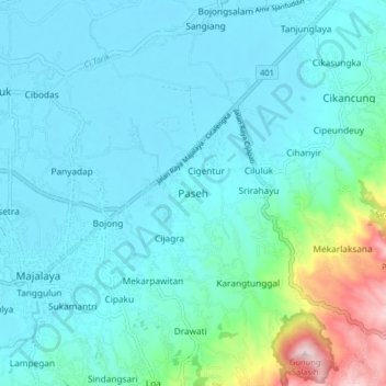 Mapa topográfico Paseh, altitude, relevo