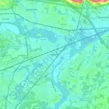Mapa topográfico Manville, altitude, relevo