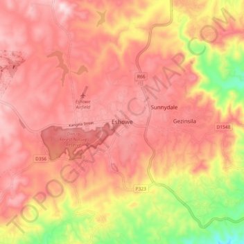 Mapa topográfico Eshowe, altitude, relevo