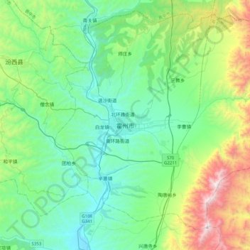 Mapa topográfico 霍州市, altitude, relevo