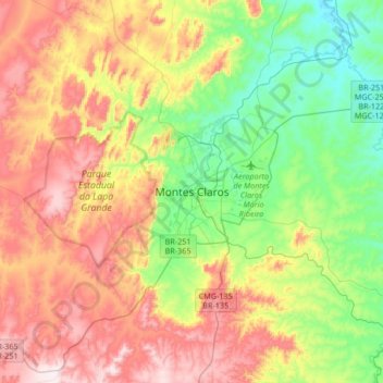Mapa topográfico Montes Claros, altitude, relevo